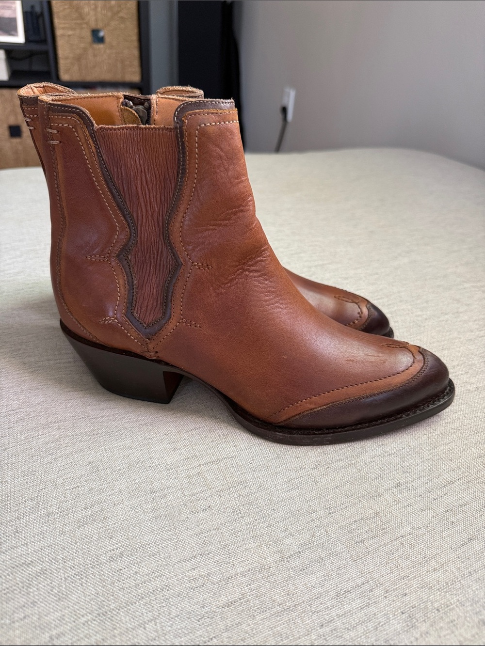 Lucchese Women’s Brown Leather Western Ankle Booties Cowboy Festival